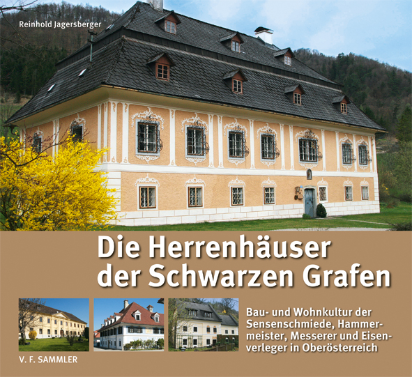 Cover des Buches 'Die Herrenhäuser der Schwarzen Grafen' mit einem abgebildeten Herrenhaus und drei weiteren kleinen Abbildungen mit weiteren Herrenhäusern